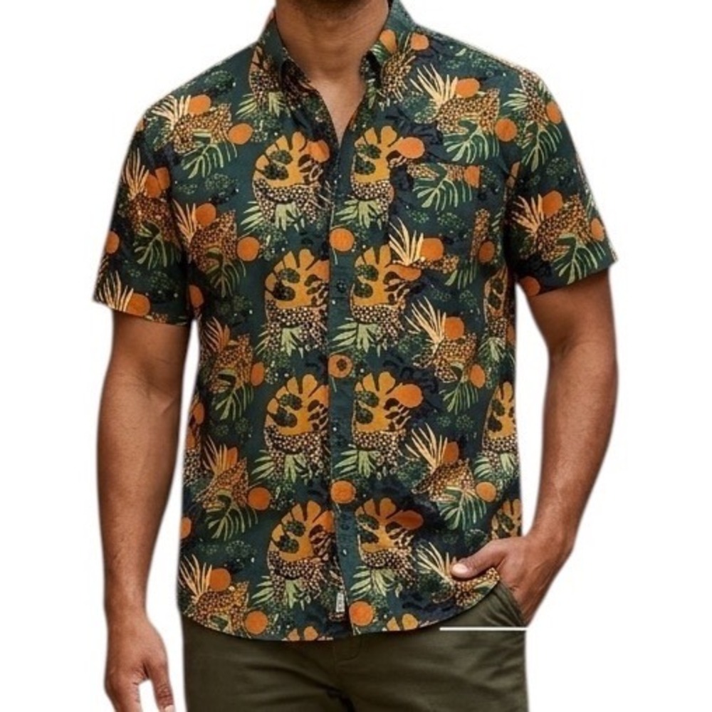 Massive Mens Leopard Jungle Print Short Sleeve Button Up Shirt Green Large NEW